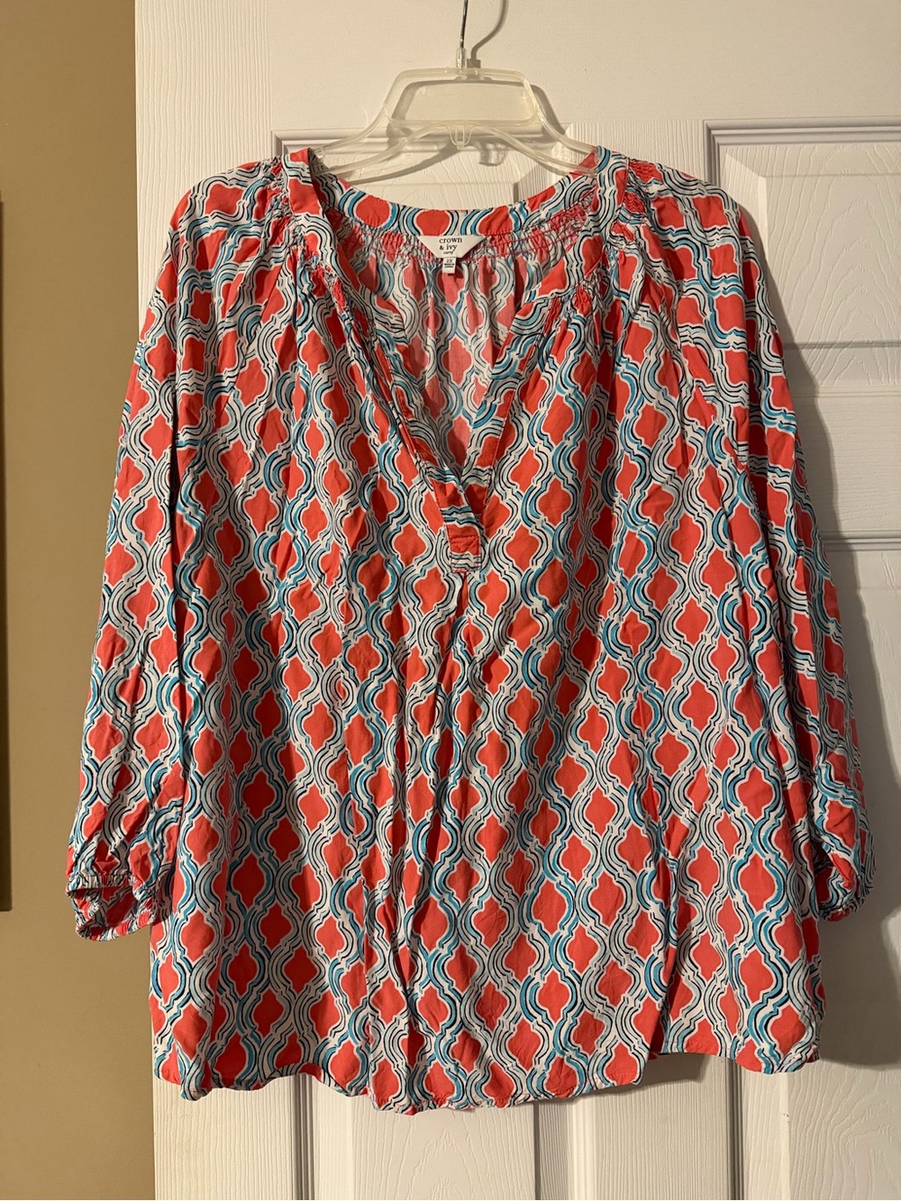 crown & ivy Coral and Teal Geometric V-Neck Tunic